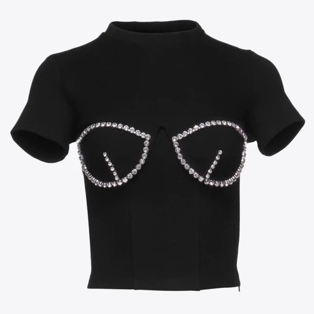 AREA Black Short Sleeve Tee with Crystal Bust Detail